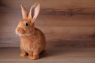 Photo of Cute bunny on table against wooden background, space for text. Easter symbol