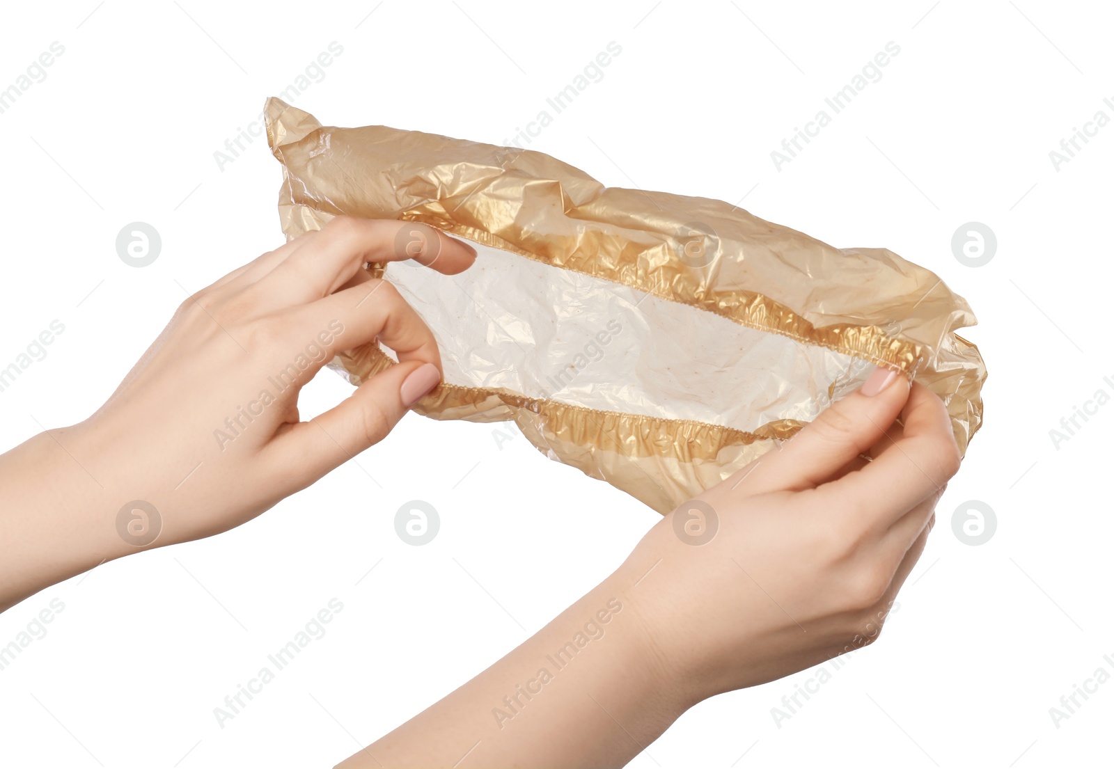 Photo of Woman holding one shoe cover on white background, closeup