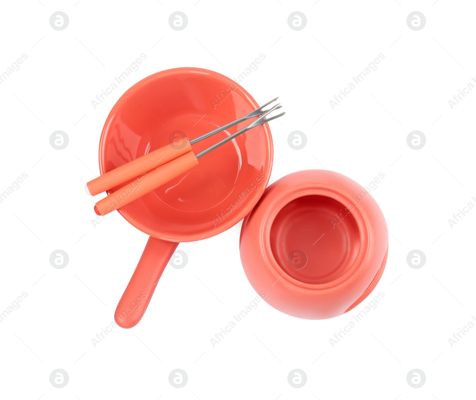 Photo of Fondue set isolated on white, top view. Kitchen equipment