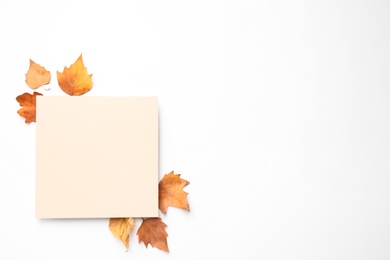 Flat lay composition with autumn leaves and blank card on white background, space for text