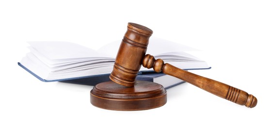 Photo of Wooden gavel and books on white background