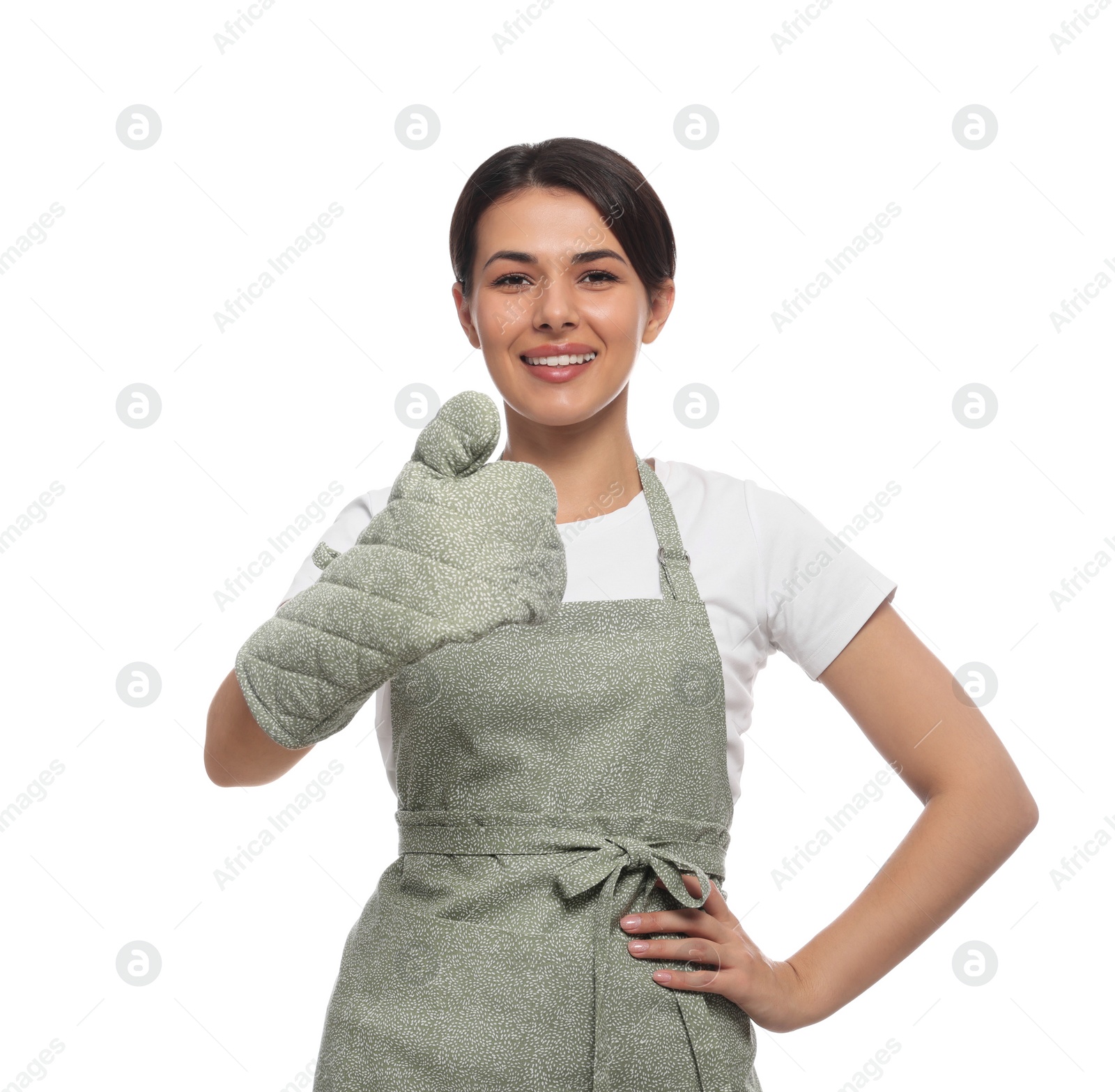 Photo of Woman wearing green apron and oven glove on white background