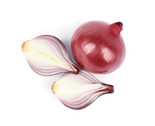 Photo of Fresh whole and cut red onions on white background, top view