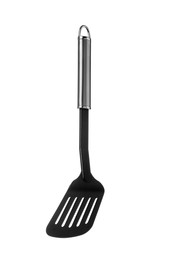 Photo of One black spatula with metal handle isolated on white