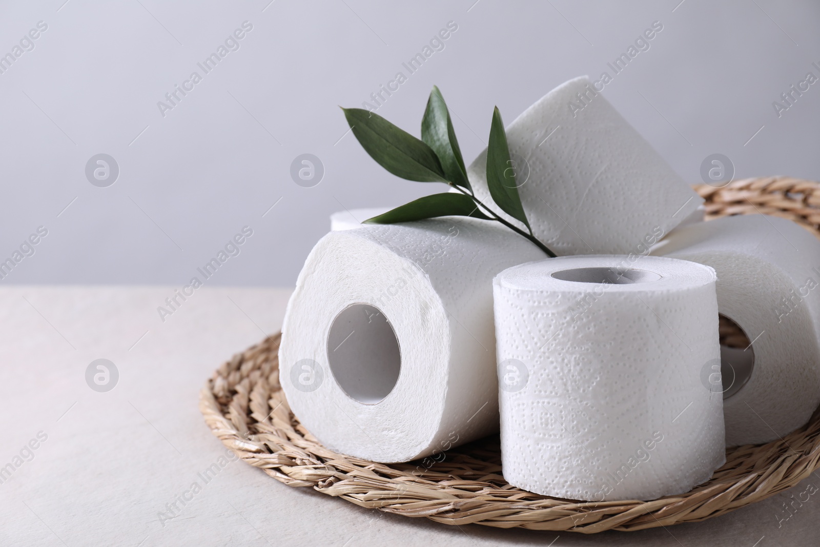 Photo of Toilet paper rolls and green leaves on white table, space for text