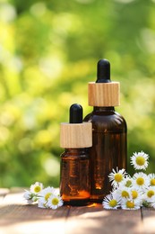 Bottles of chamomile essential oil and flowers on wooden table