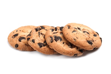 Photo of Delicious chocolate chip cookies on white background