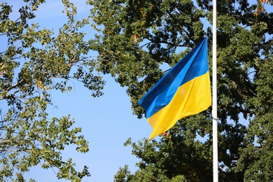 Photo of National flag of Ukraine in park on sunny day