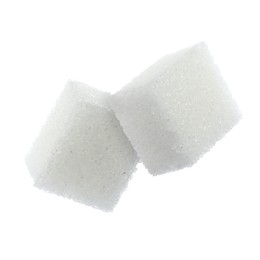 Image of Flying cubes of sugar on white background