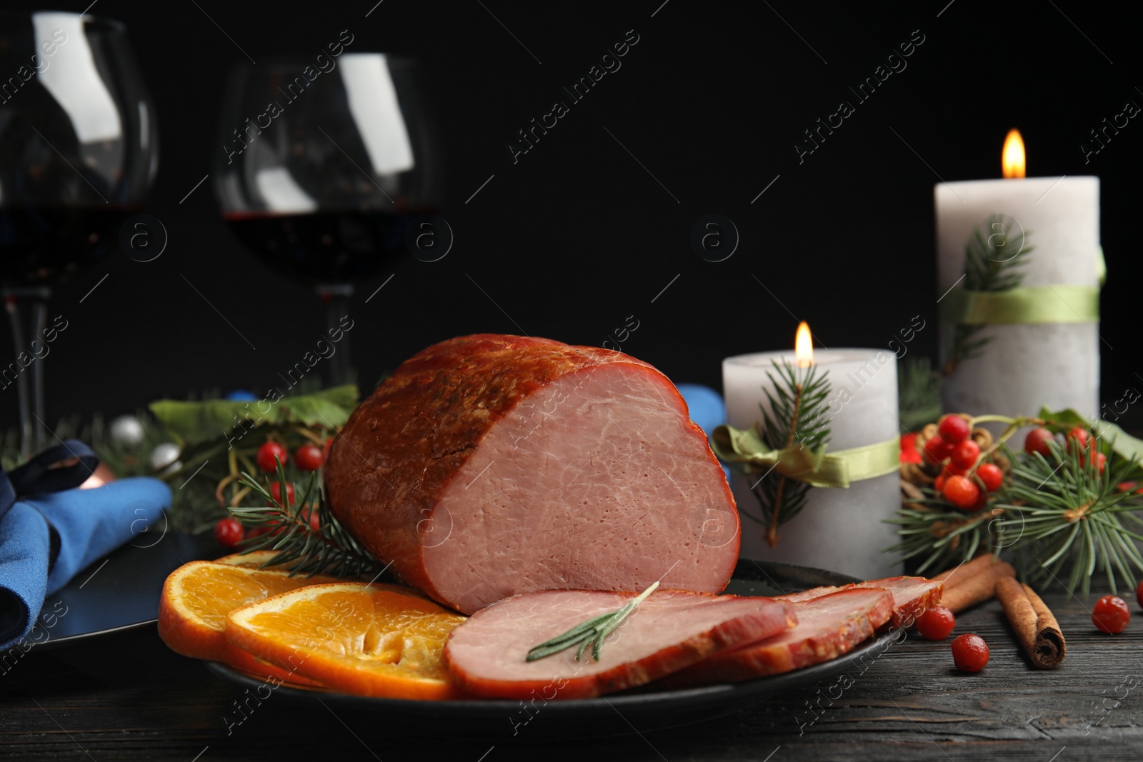 Photo of Delicious ham served on table. Christmas dinner