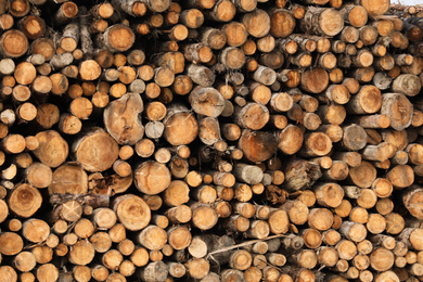 Stacked firewood as background. Heating house in winter