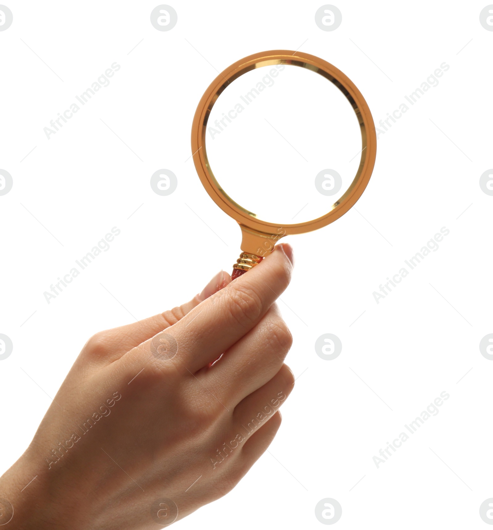 Photo of Woman holding magnifying glass on white background, closeup