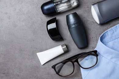 Photo of Flat lay composition with natural male  deodorants on grey table