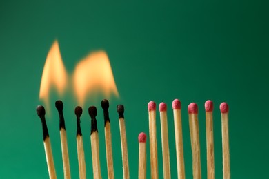 Photo of Burning and whole matches on green background. Stop destruction concept