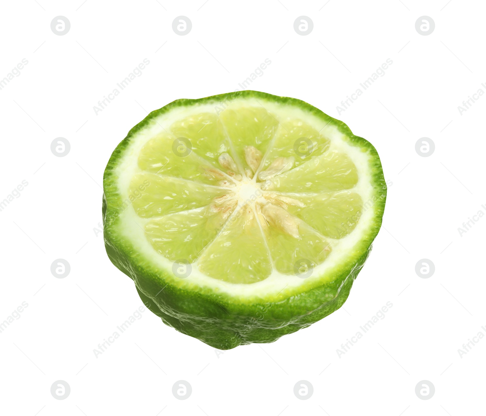 Photo of Half of fresh ripe bergamot fruit isolated on white