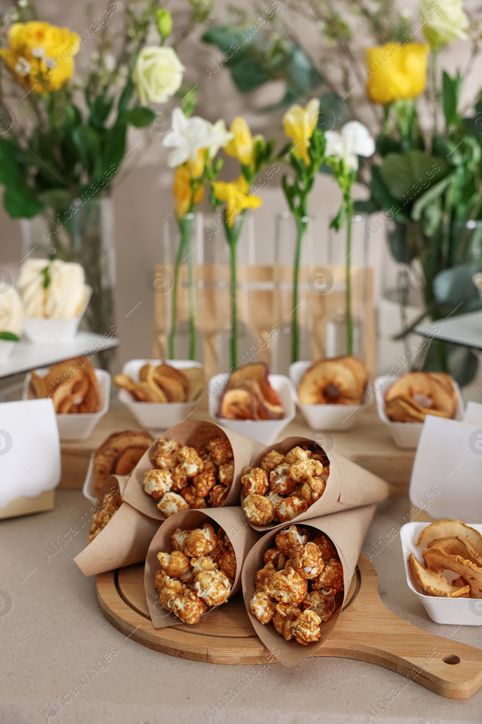 Photo of Tasty treats on table in room. Sweet buffet