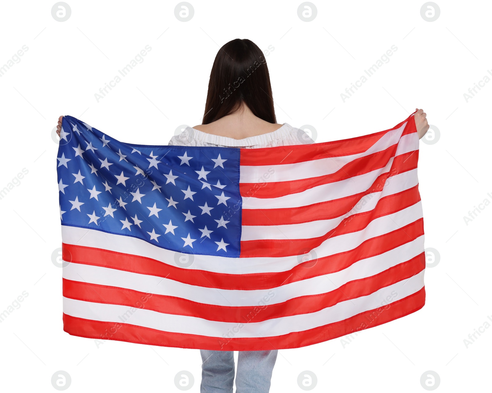 Image of 4th of July - Independence day of America. Girl holding national flag of United States on white background