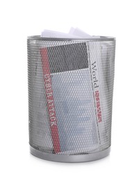 Photo of Trash bin full of newspapers on white background. Recycling rubbish
