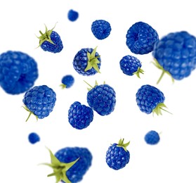 Image of Many fresh blue raspberries falling on white background