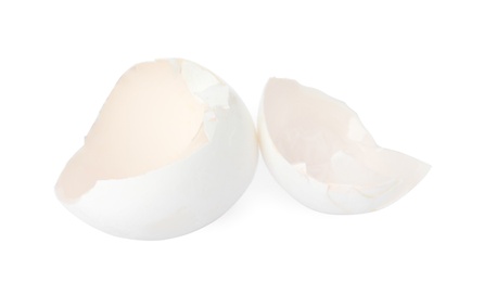 Photo of Egg shells on white background. Composting of organic waste