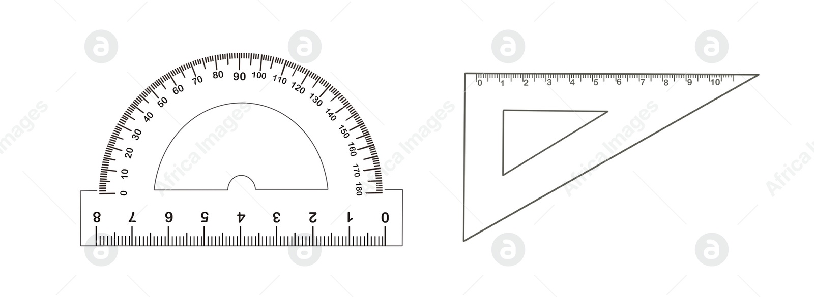 Image of Triangle ruler and protractor on white background, collage. Illustration