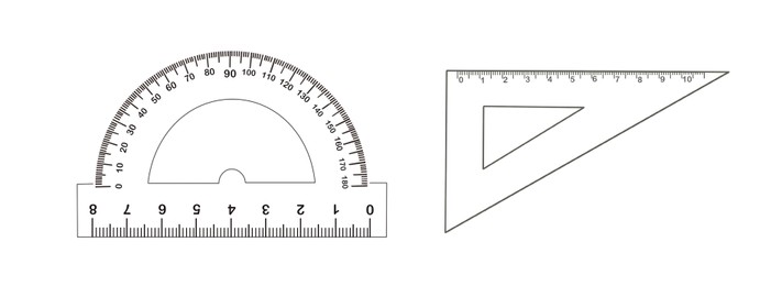 Triangle ruler and protractor on white background, collage. Illustration