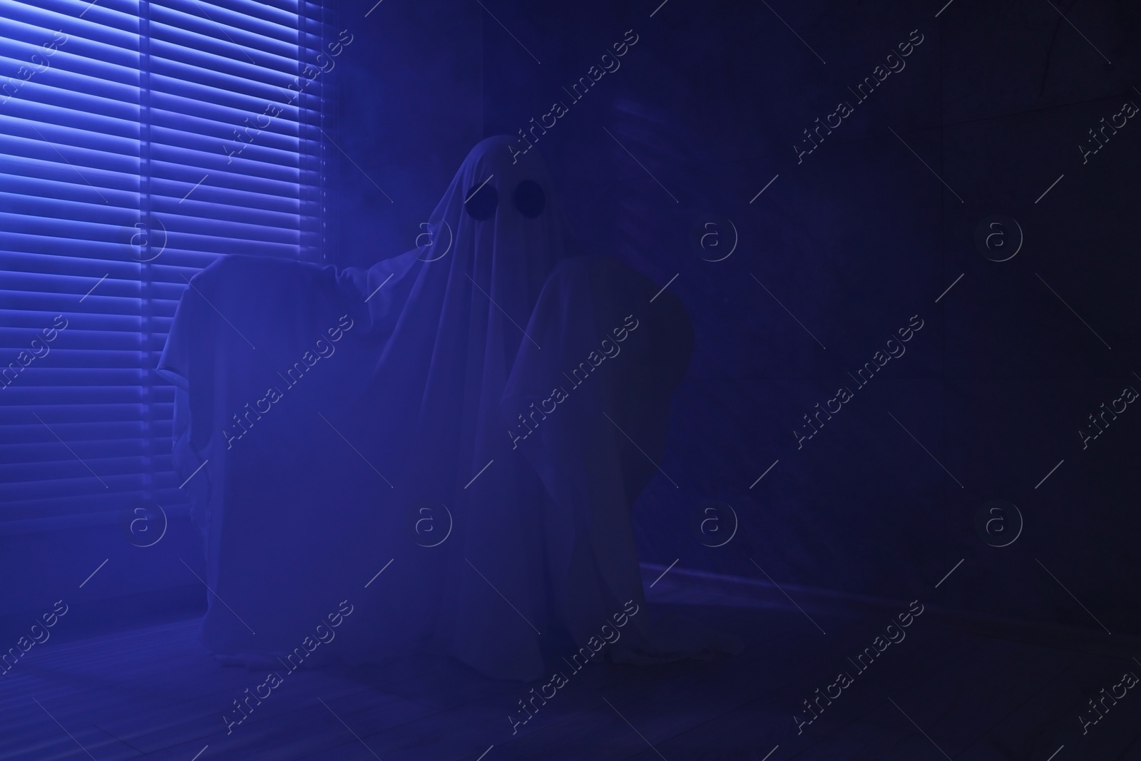 Photo of Creepy ghost. Woman covered with sheet near window in blue light, space for text