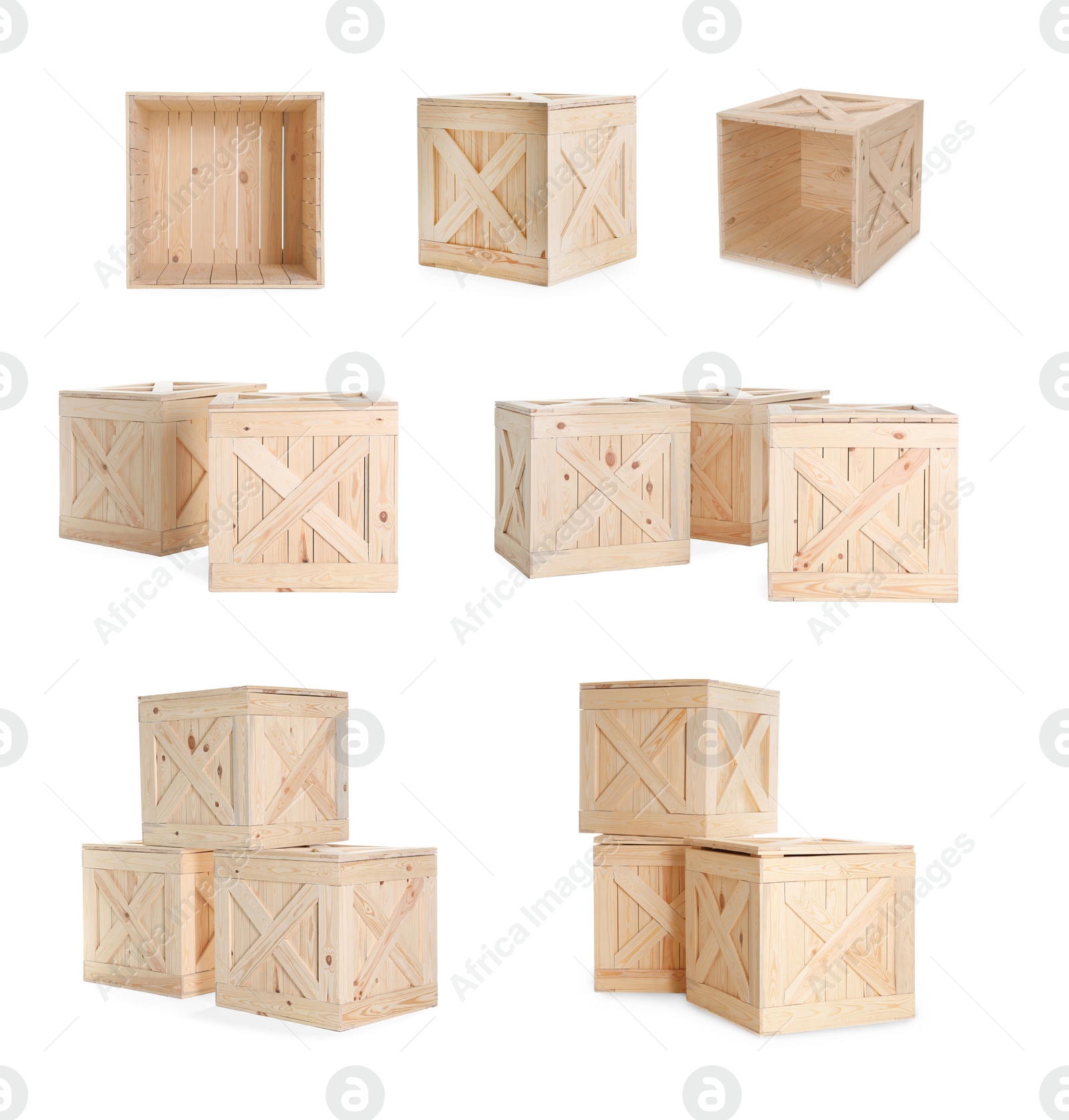 Image of Set of new wooden crates on white background