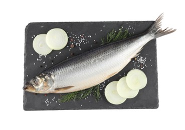 Slate plate with salted herring, onion, dill and spices isolated on white, top view