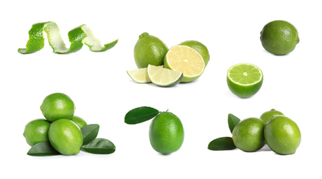 Image of Set of fresh ripe limes on white background