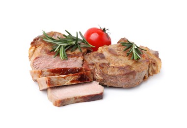 Photo of Delicious fried meat with rosemary and tomato on white background