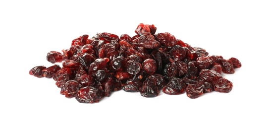 Pile of dried cranberries on white background