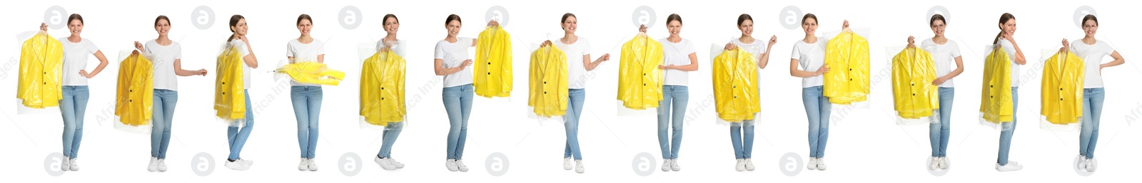 Image of Collage of woman holding hanger with clothes on white background. Dry-cleaning service