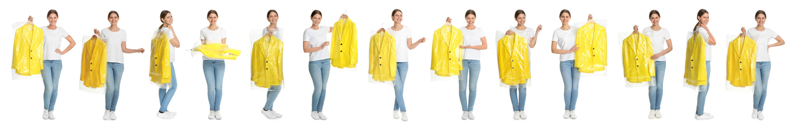 Collage of woman holding hanger with clothes on white background. Dry-cleaning service