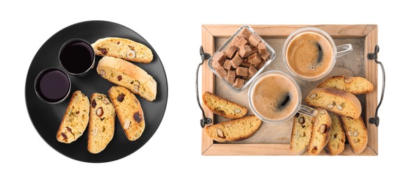 Set with tasty cantucci on white background, collage. Traditional Italian almond biscuits