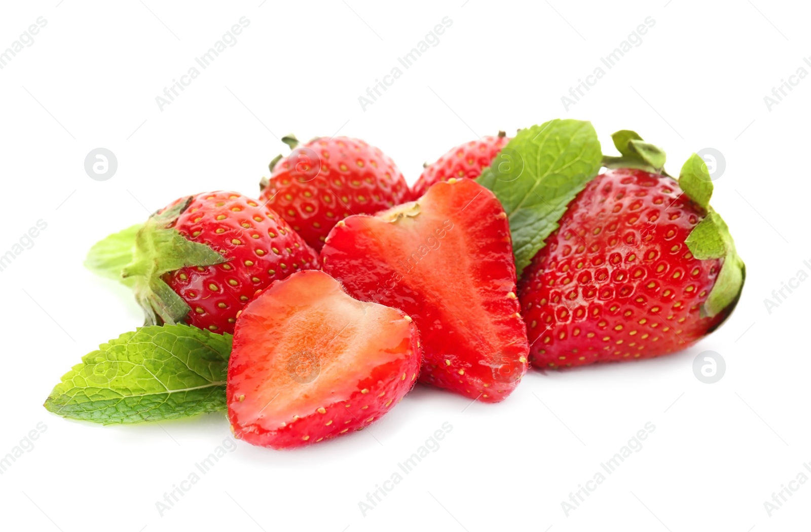 Photo of Ripe red strawberries and mint on white background