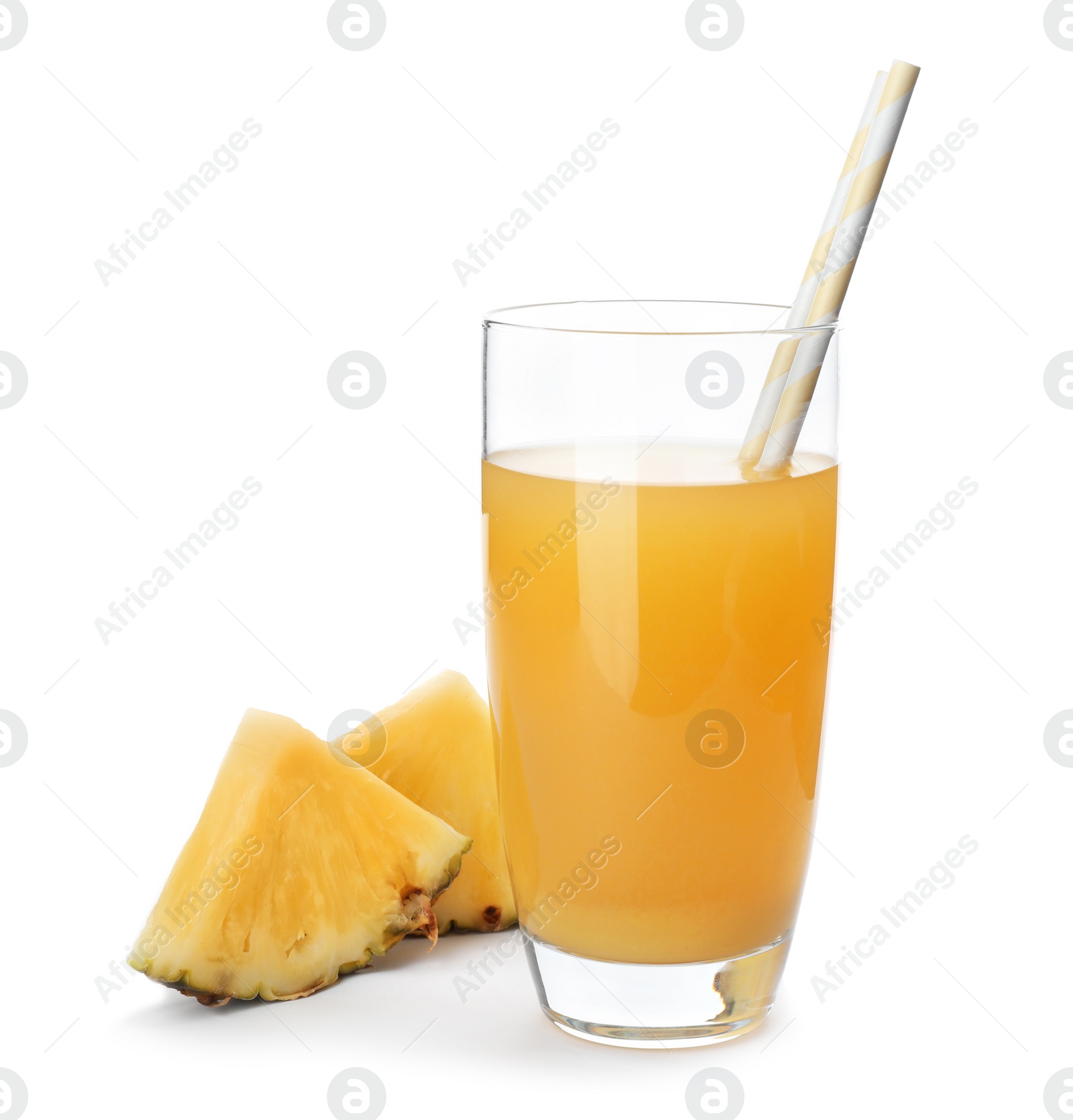 Photo of Glass with delicious pineapple juice on white background