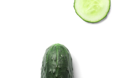 Photo of Flat lay composition with slices of cucumber on white background