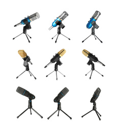 Image of Set of different microphones on white background