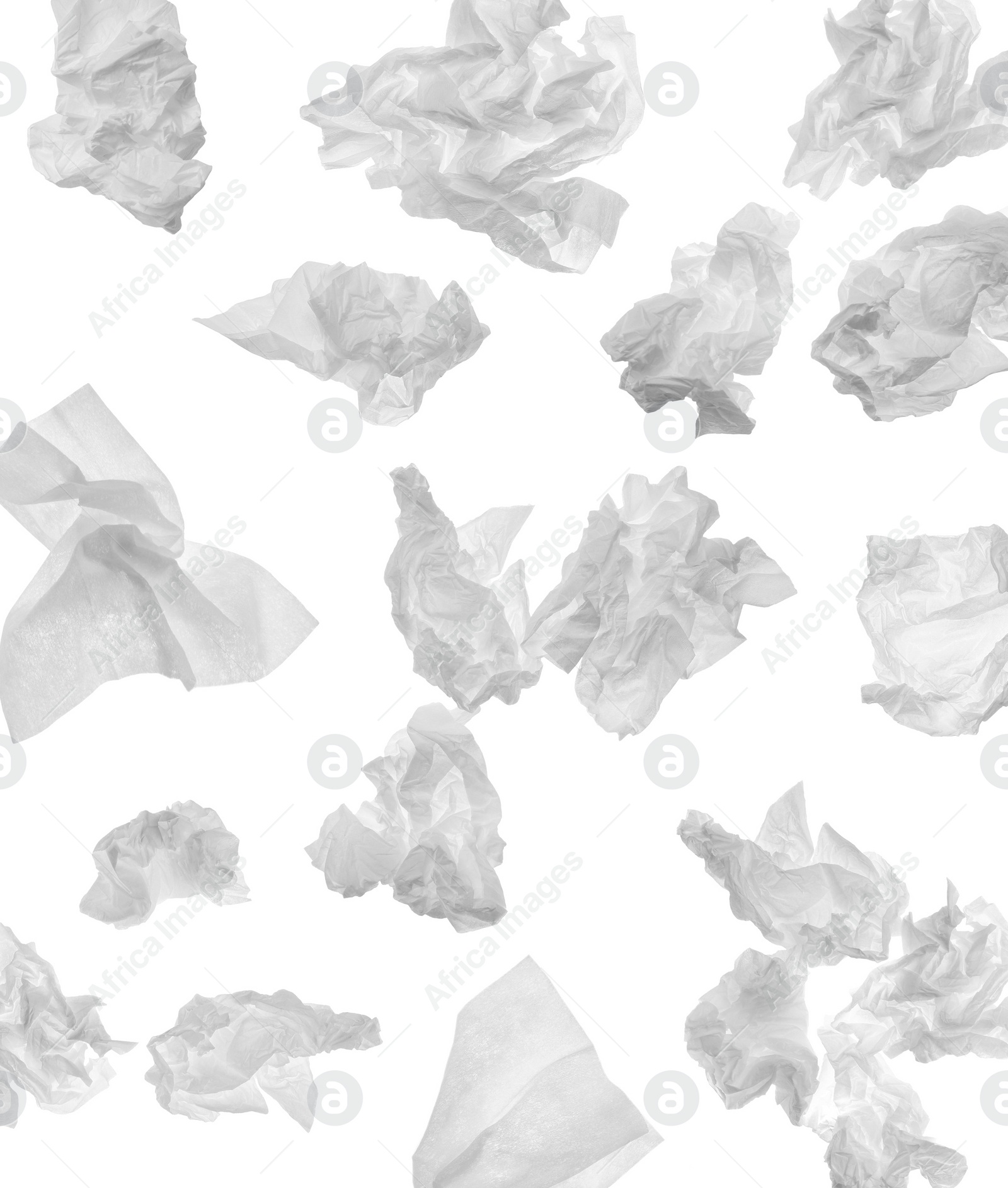 Image of Set with used crumpled paper tissues on white background 