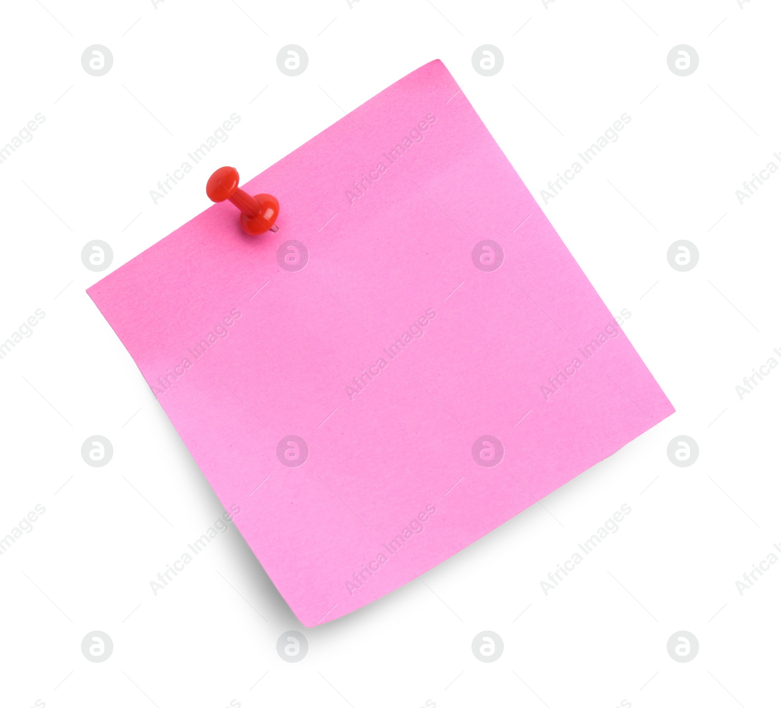 Photo of Blank pink note pinned on white background, top view