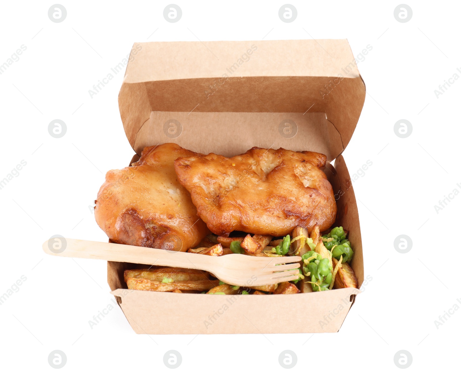 Photo of Tasty fish, chips and peas in paper box isolated on white