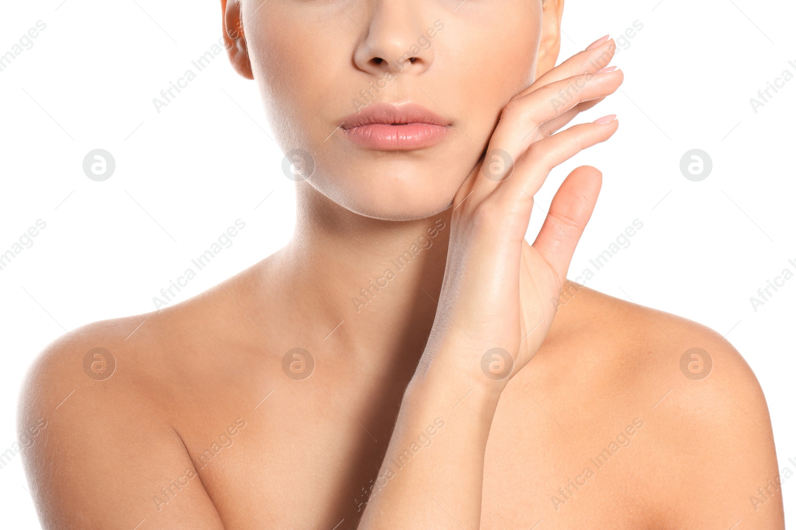 Photo of Closeup view of beautiful young woman on white background. Lips contouring, skin care and cosmetic surgery concept