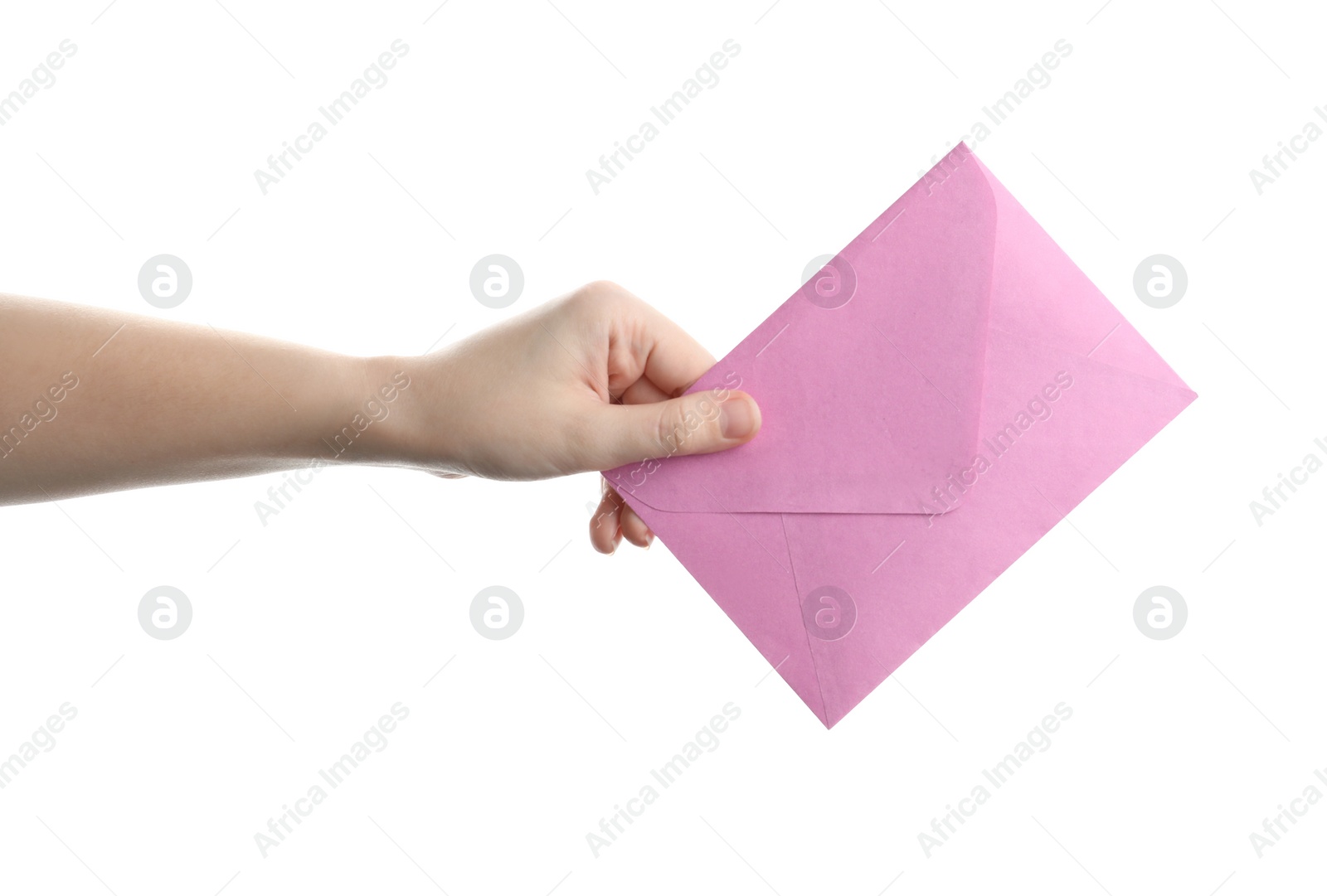 Photo of Woman holding pink paper envelope on white background, closeup