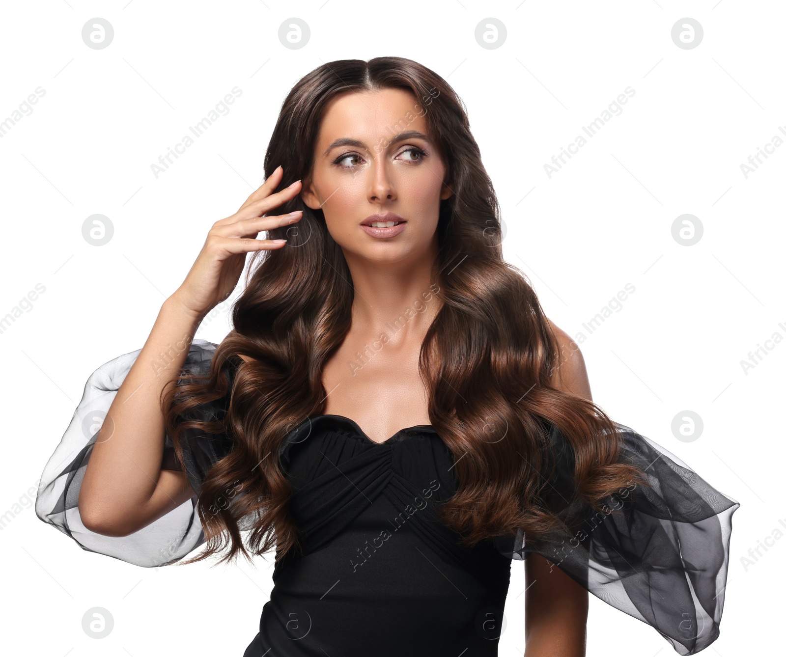 Image of Gorgeous woman with shiny wavy hair on white background. Professional hairstyling