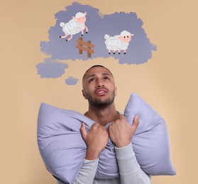 Image of Insomnia. Tired man trying to fall asleep on beige background. Thought cloud with illustration of sheep jumping over fence above him