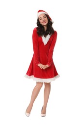 Photo of Beautiful young woman in Christmas red dress and Santa hat isolated on white