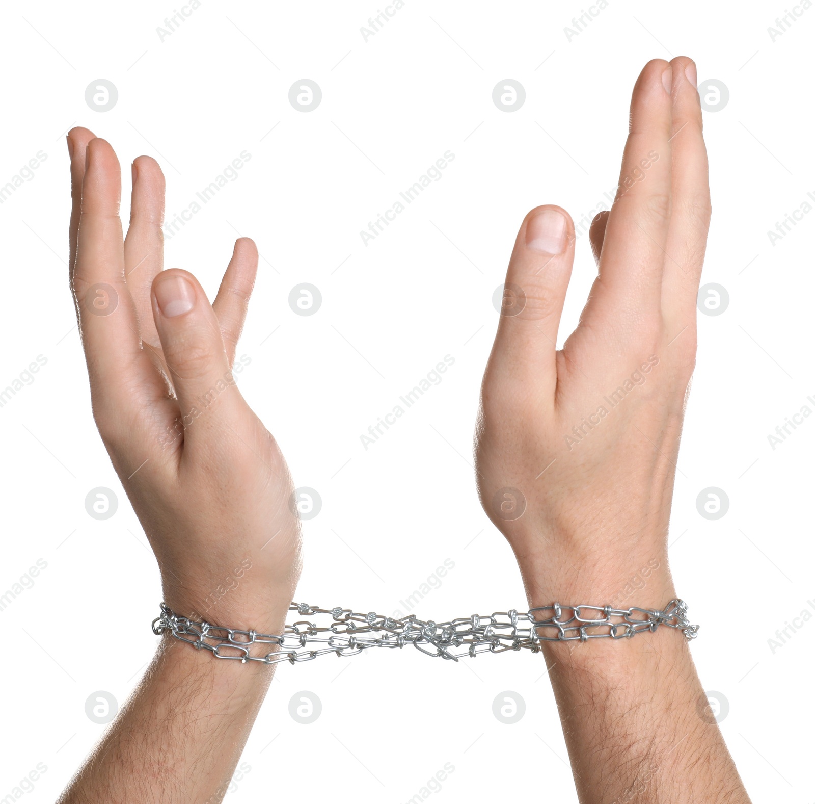 Photo of Freedom concept. Man with tied arms on white background, closeup