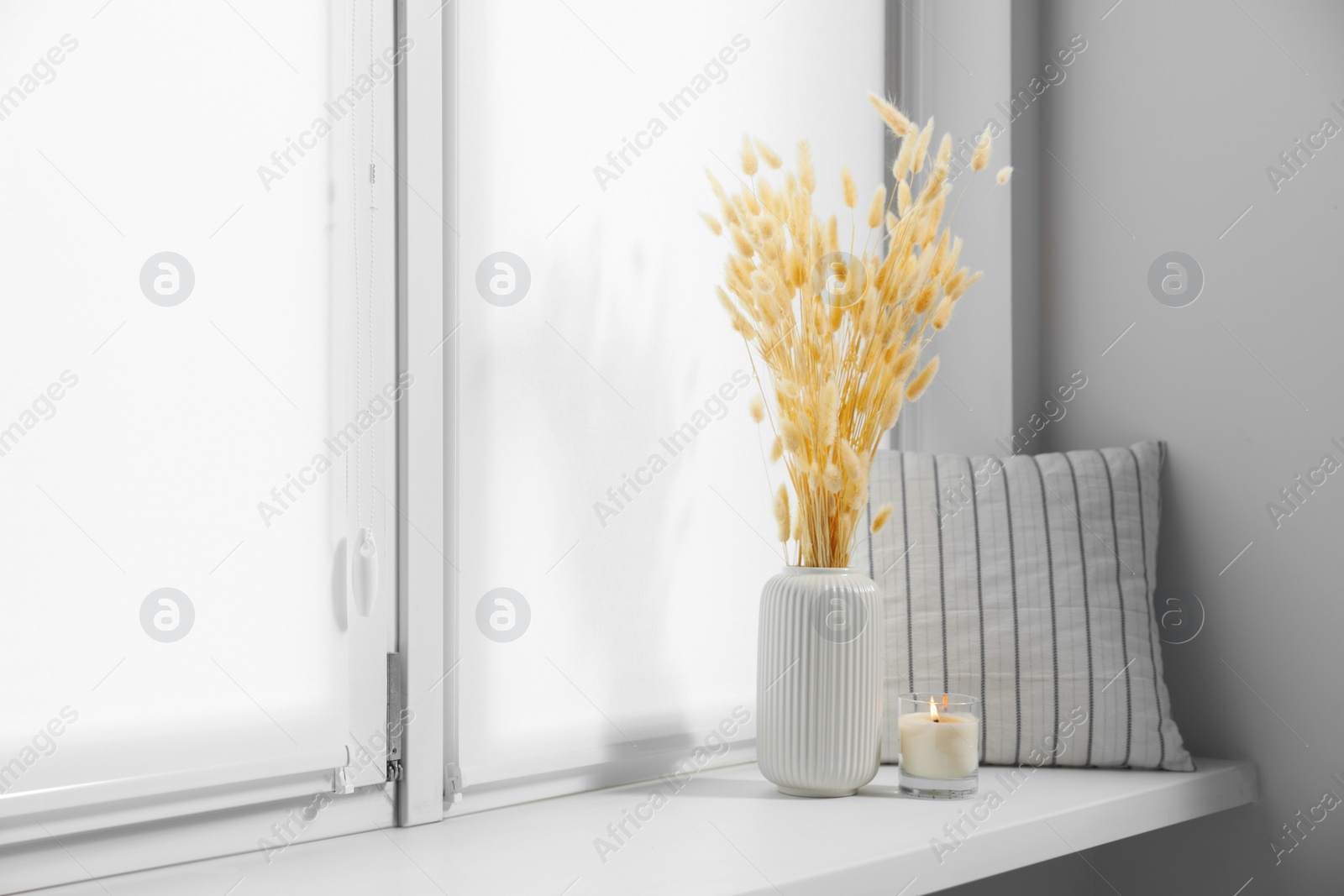 Photo of Window with blinds and dry plants on sill indoors