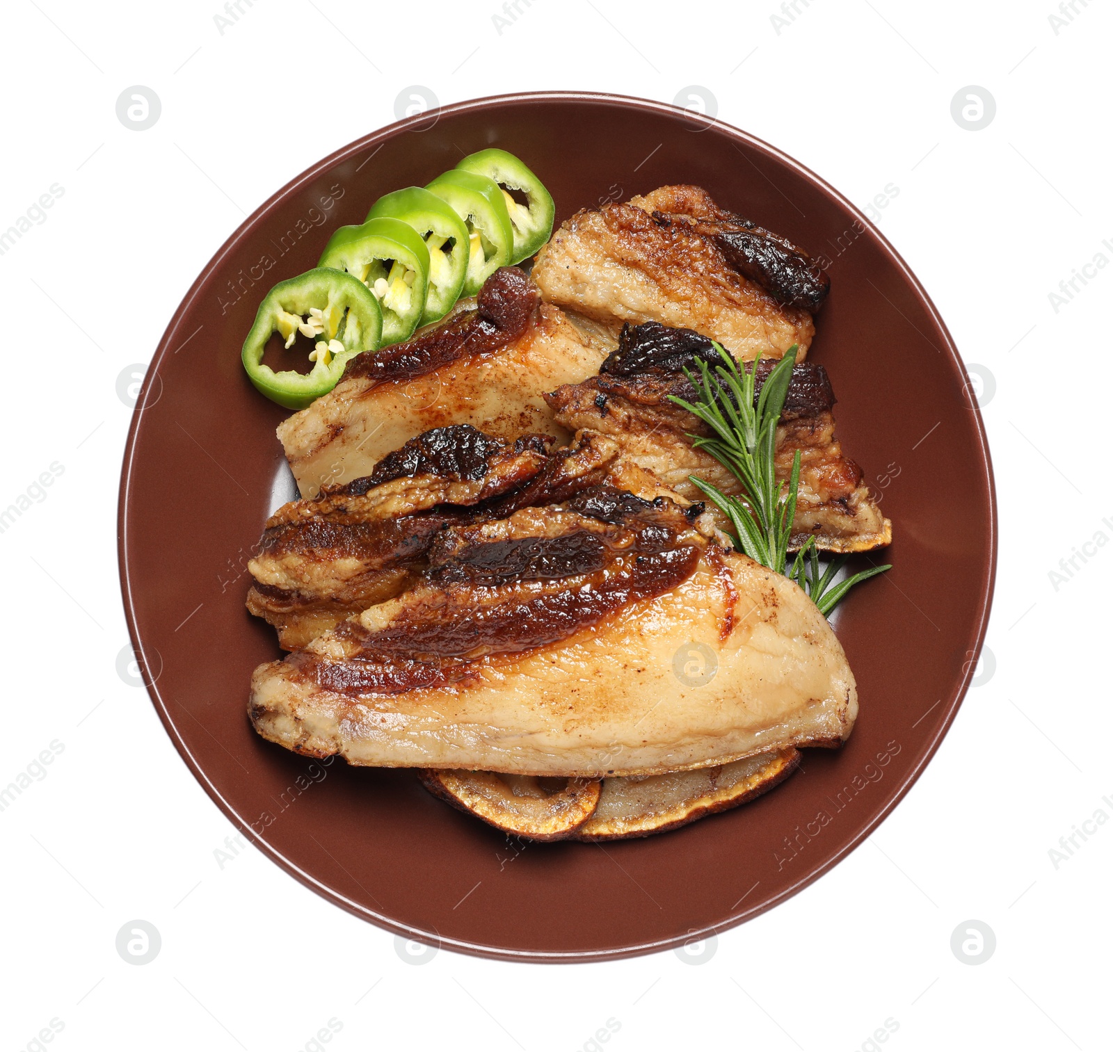 Photo of Tasty fried pork lard with rosemary and pepper isolated on white, top view